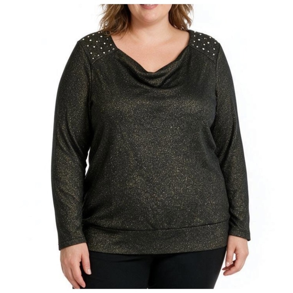 NY COLLECTION Black w/METALLIC GOLD Drap Neckline RHINESTONES Knit Sweater Sz 2X